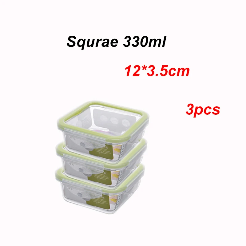 330ML 3PCS Стеклянный Квадратный Контейнер для завтрака без бисфенола герметичный контейнер для хранения продуктов герметичные крышки для микроволновой печи морозильник - Цвет: 330ML 3PCS