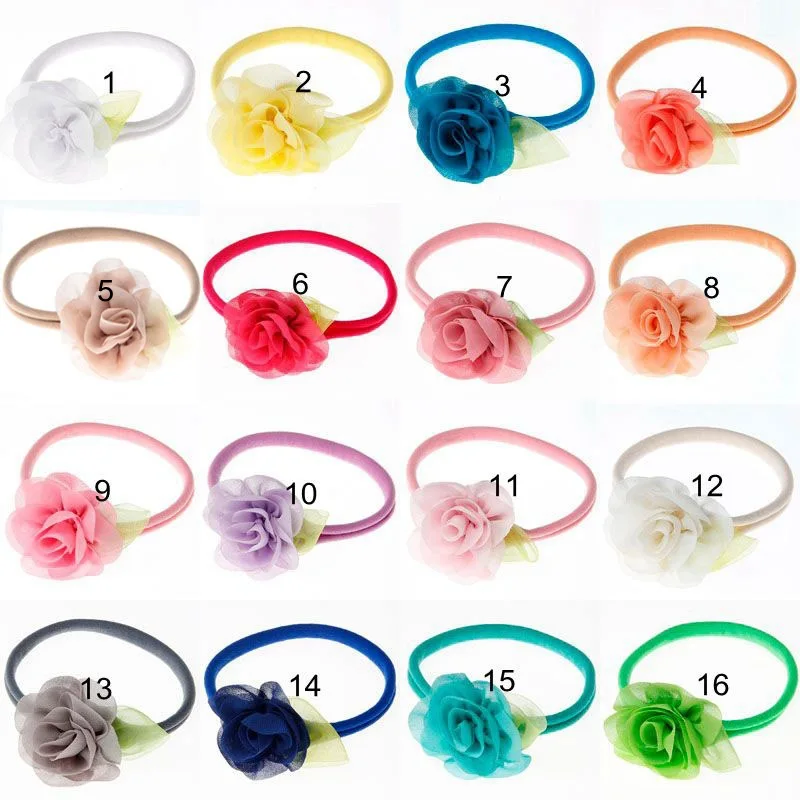 10 шт. Детские шифоновые повязки для волос с зелеными листьями|chiffon flowers|nylon elastic