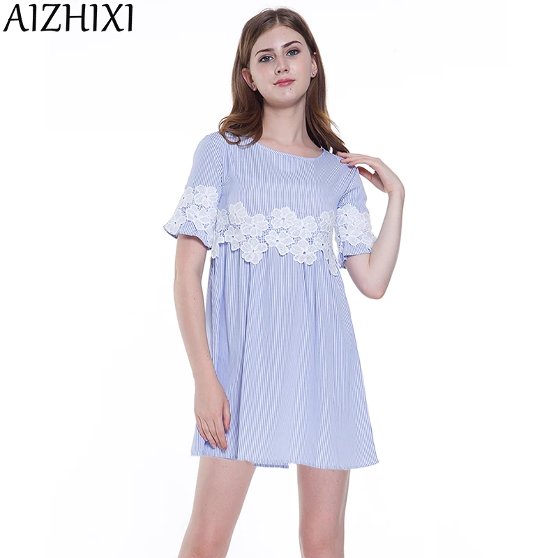 AIZHIXI Цветочная Кружевная аппликация Синий Полосатый Babydoll мини-платье женское 2017