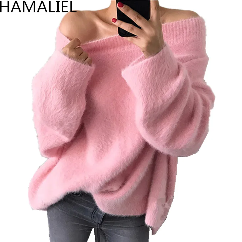 HAMALIEL Sexy Off Shoulder Women Plus Size Knitting Sweater Jumper Autumn Pink Mohair Soft Warm Ladies Casual Loose Pullover | Женская