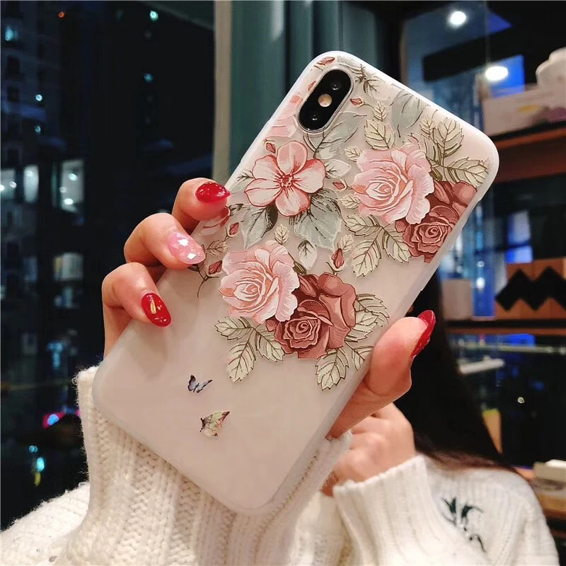Moskado Relief Case For iPhone 6 6s 7 8 Plus X 5 5s SE Vintage Beautiful 3D Rose Flower Butterfly Soft TPU Cover |