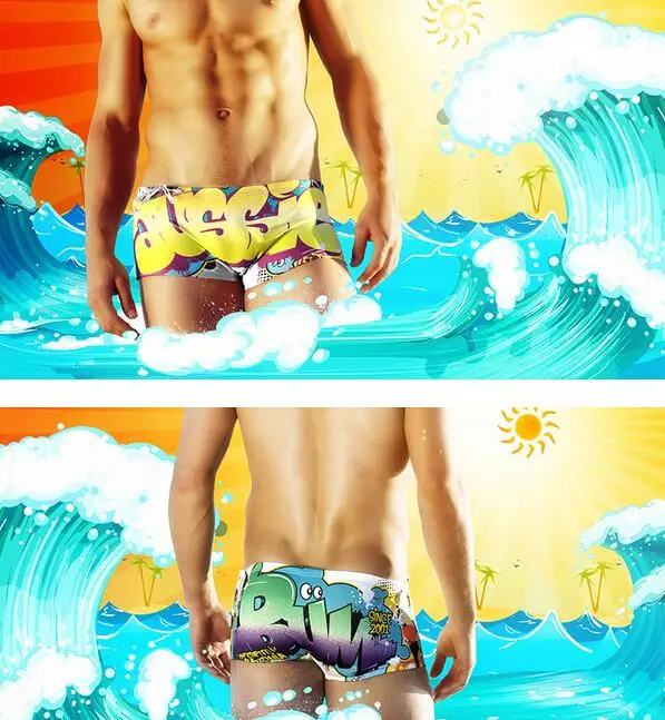 Новый мультфильм печать сексуальный купальники берег гея плавки мужские боксеры