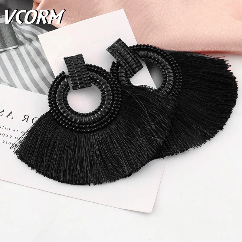Black VCORM новые модные богемные серьги с кисточками, большие висячие серьги для женщин, роскошные винтажные длинные висячие серьги с кристаллами, Женские Ювелирные изделия - Окраска металла: Black