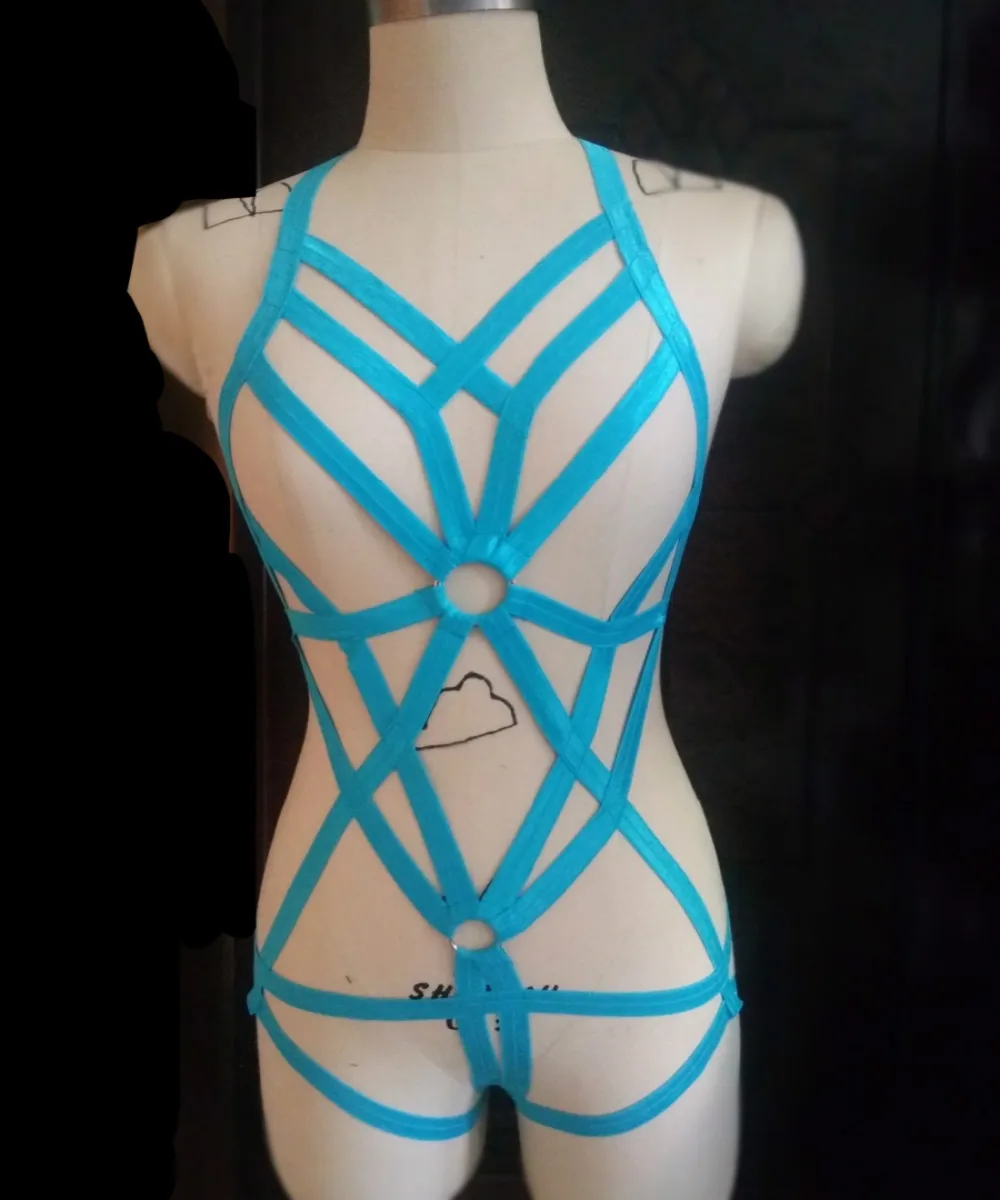 

New fashion pastel goth elastic O ring cross strap women bust bondage suit club dancer sexy lingerie set garter belt retail