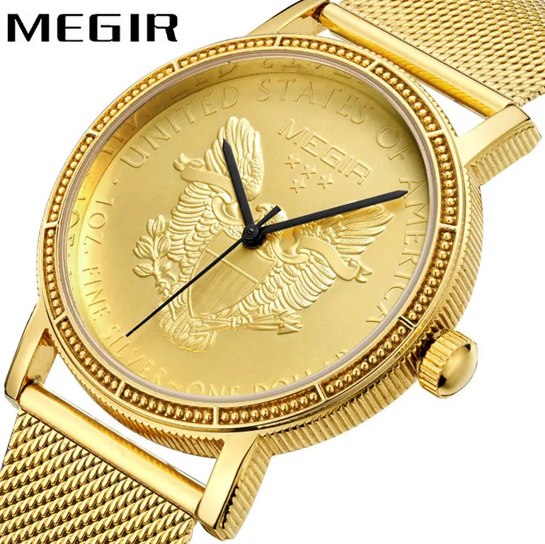 Роскошные мужские золотые часы MEGIR кварцевые аналоговые с сетчатым ремешком и 3D