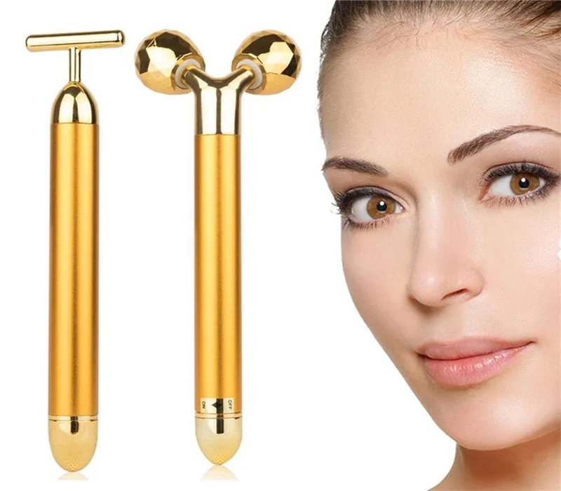 2в1 beauty Bar 24k золотой импульсный массажер для лица электрический 3D ролик и Т
