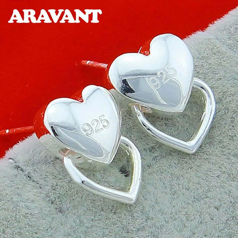 

925 Silver Jewelry Double Heart Stud Earrings For Women Fashion Wedding Party Silver Plated Jewelry