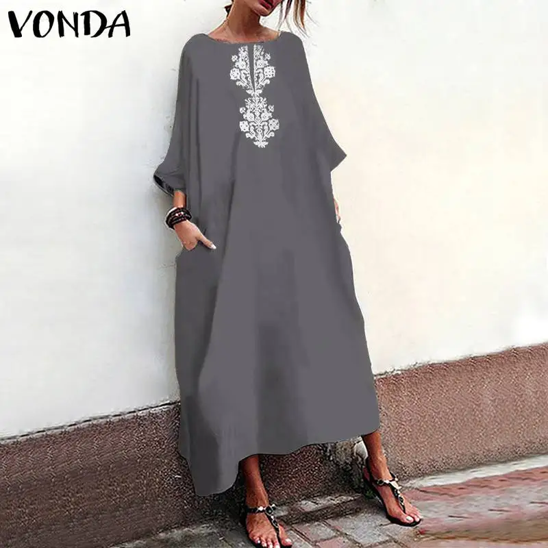 VONDA размера плюс осеннее платье женское сексуальное с круглым вырезом 3/4 рукав вечерние с цветочным принтом Длинные Платья повседневные свободные Vestidos