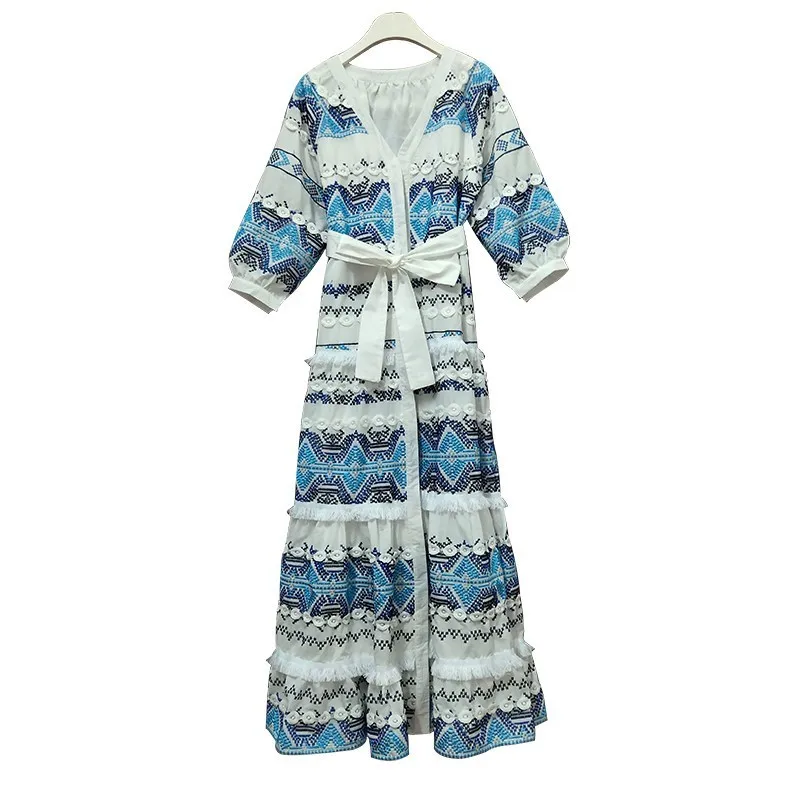 blue TWOTWINSTYLE Vintage Embroidery Tassel Patchwork Dress For Female V Neck Long Sleeve High Waist Lace Up Midi Dresses Women - Цвет: blue