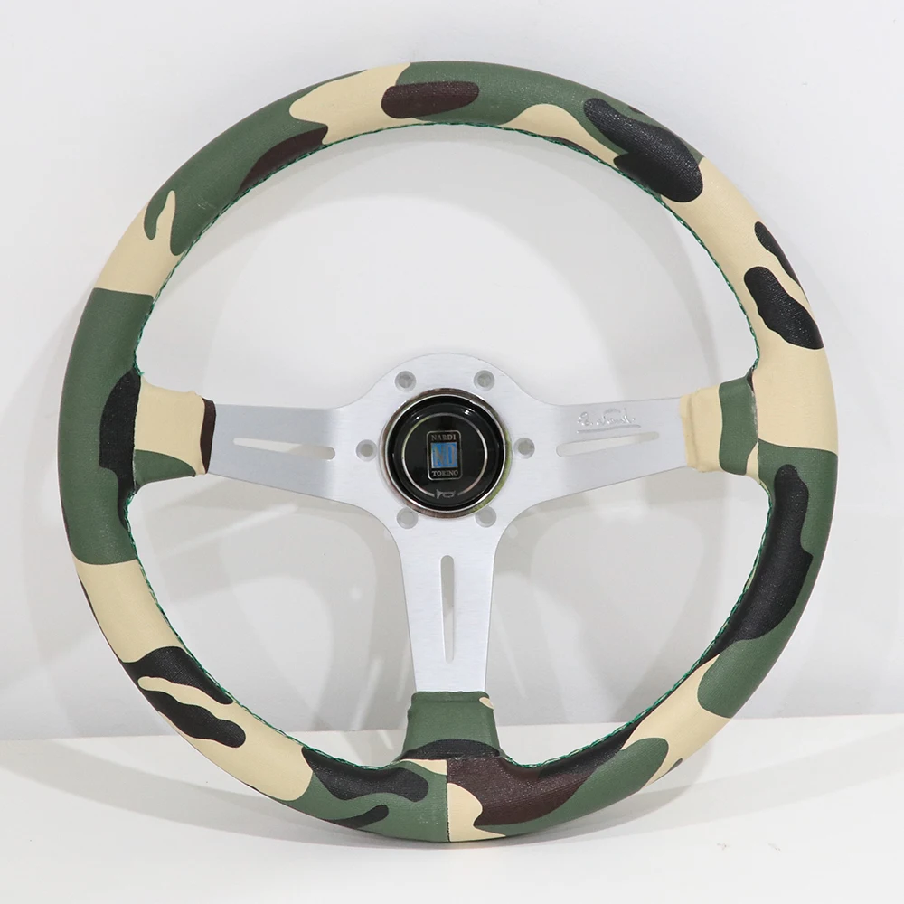 Серебристый Silver/Blue/Black ND 14inch Camo PVC Leather Steering Wheel Deep Dish Drift Sport Steering Wheels - Цвет: Серебристый