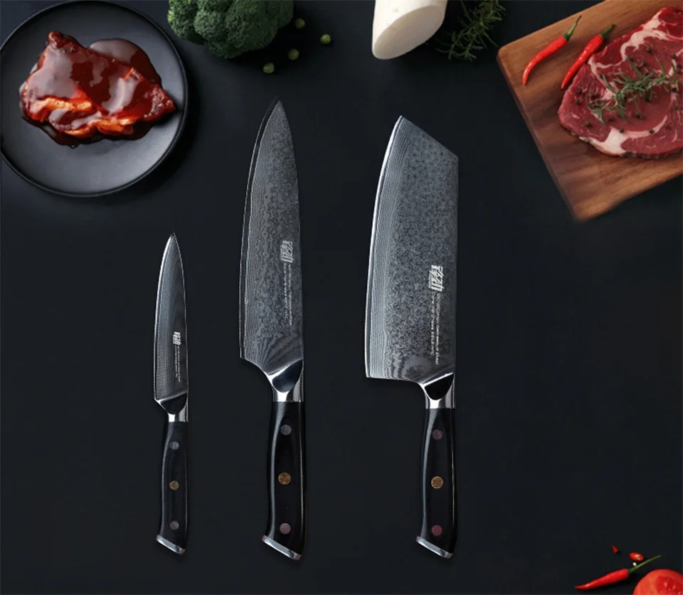 FINDKING G10 набор дамасских ножей с ручкой 7 дюймов нож для мясника 8 дюймов нож для шеф-повара 5 дюймов нож для фруктов 67 слоев дамасской стали