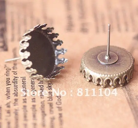 

15mm Antique Bronze tone Blank Earrings Base Round Crown Tray Stud Earrings post Pins Diy Cameo Cabs Crafts Settings Findings