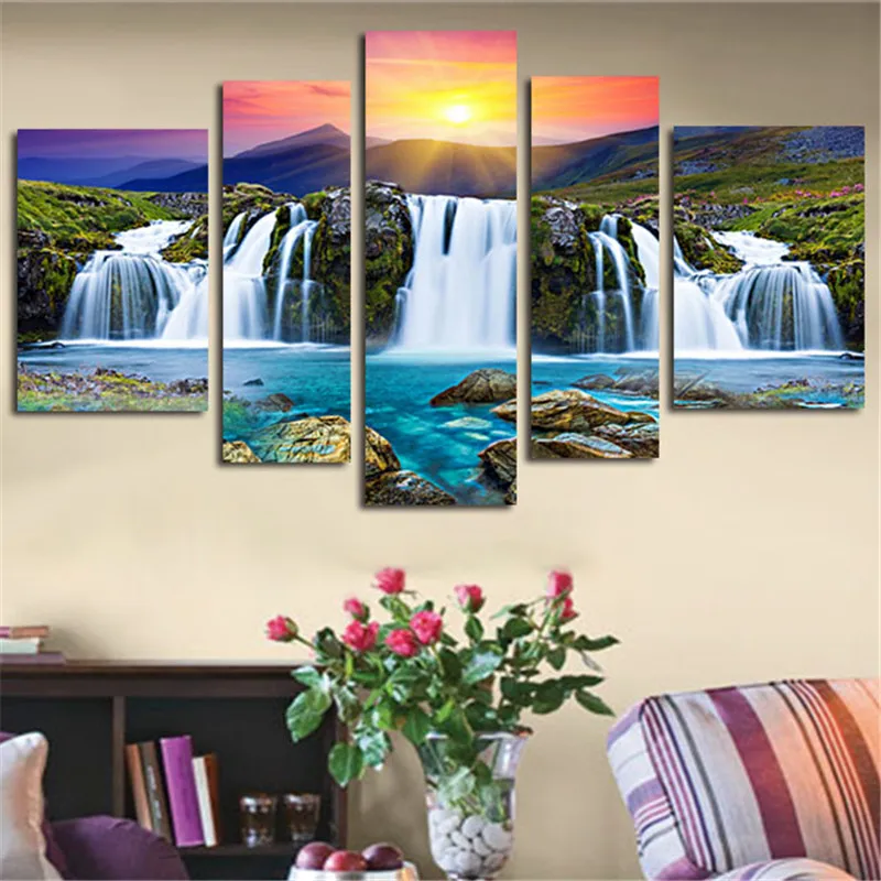 5 панельных холщовых стен водопад восход пейзаж живопись декоративный фон для