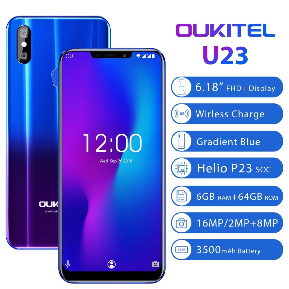 OUKITEL U23 6 г 64 Беспроводной зарядки Face ID 18 &quotНотч Дисплей мобильного телефона Android 8 1