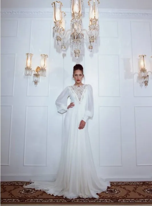 Простой открытой спиной длиной до пола свадебные платья Шифон Длинные Рукава Но