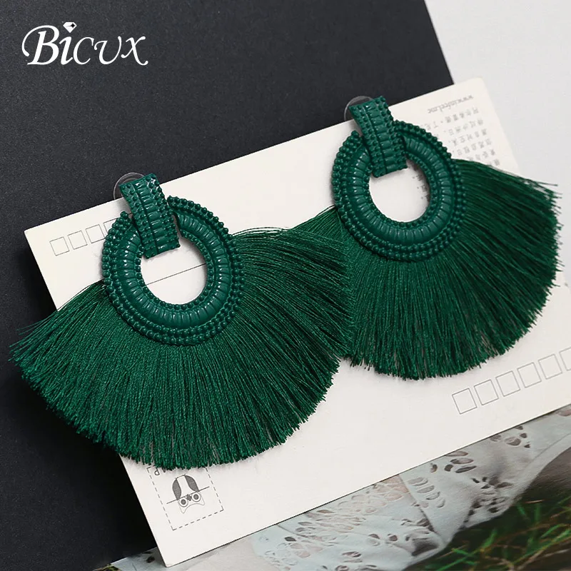 Green 2 BICUX, модные богемные массивные серьги с большими кисточками,, красные, желтые, зеленые, шелковые висячие серьги из ткани для женщин, ювелирные изделия - Окраска металла: Green 2
