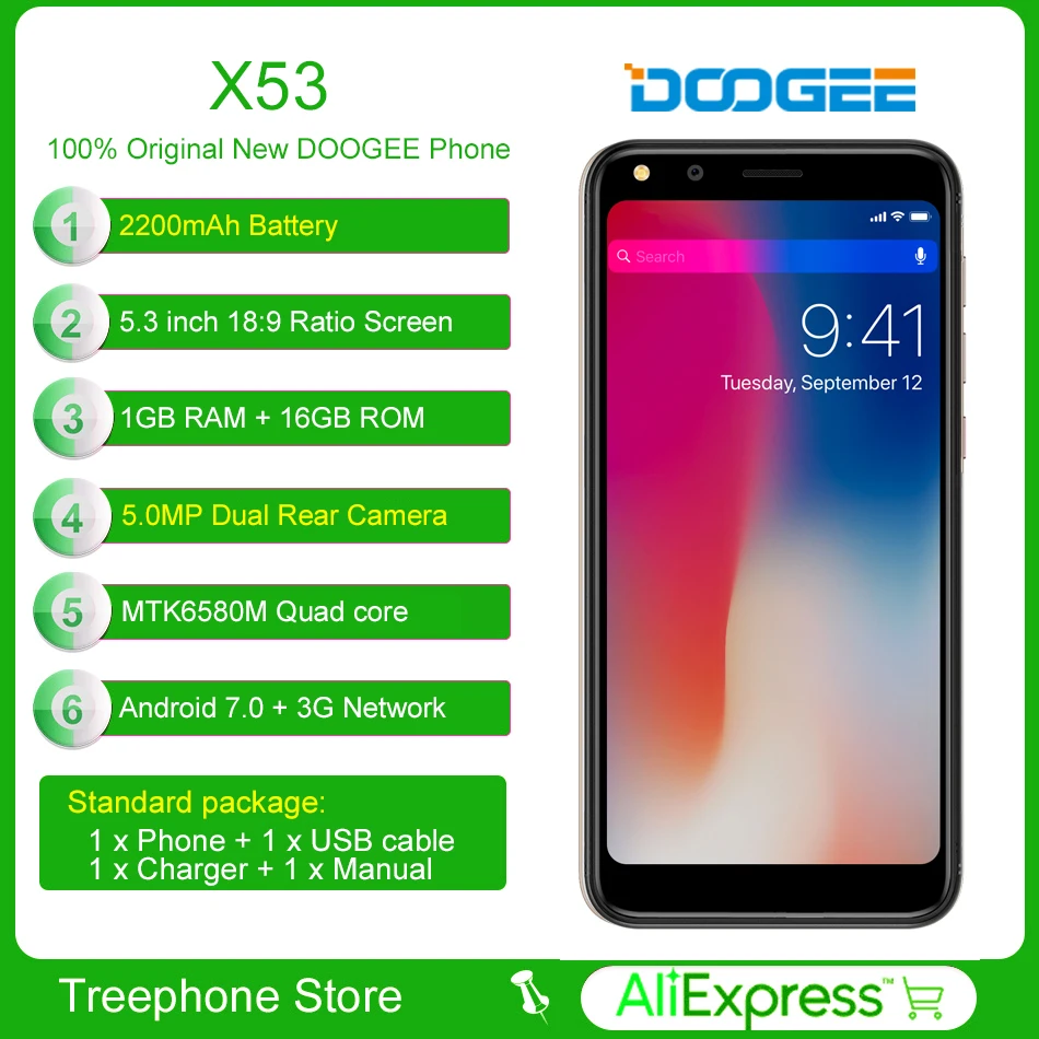 DOOGEE X53 5 3 дюймов 18:9 Экран смартфон 2200 мАч 1 ГБ + 16 5.0MP Камера сотовый телефон MTK6580 4