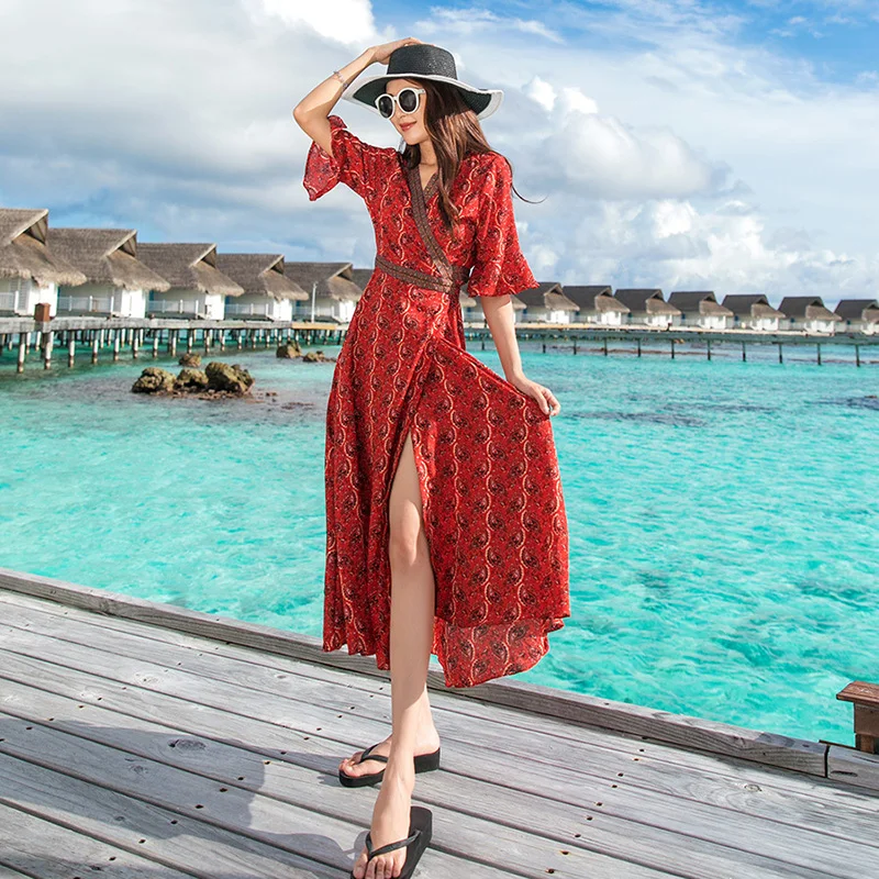 V-neck Print Maxi Bohemia Loose Vintage Tassel Summer Autumn Women Long Dress short Sleeve Dresses Female QW | Женская одежда