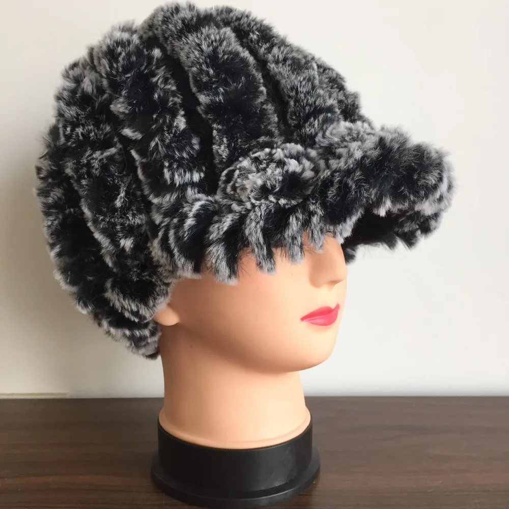 Женские вязаные шапки с козырьком из натурального кроличьего меха зимние теплые