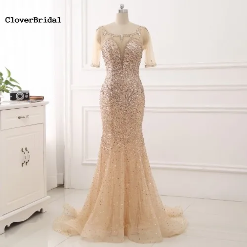 Хаки COM champanhe mangas curtas decote ilusao de Volta vestido de festa longo para casamento luxo CloverBridal высокое качество - Цвет: Хаки
