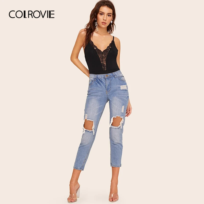 COLROVIE черные однотонные глубоким вставкой из кружева сексуальное платье на бретельках боди Для женщин летнее платье без рукавов с глубоким треугольным вырезом, узкие женские боди