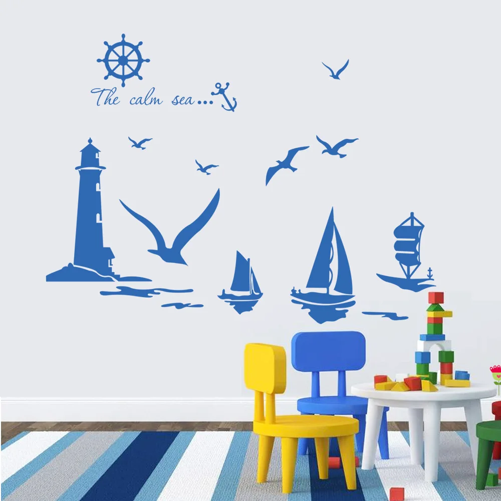 2017 Special Offer Real For Wall Landscape Plastic Europe Wallpaper Room Background Mediterranean Sea Lighthouse Stickers | Дом и сад