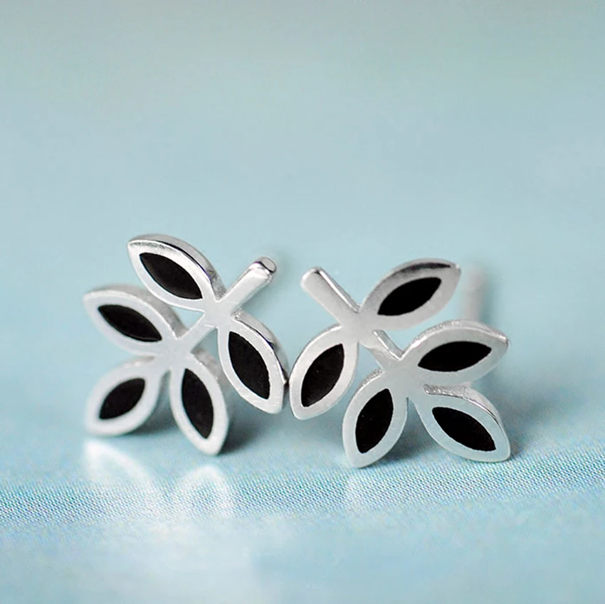 Kinitial 1Pair Trendy Jewelry 2017 Simple 925 Silver Fashion Small Black Leaves Stud Earrings For Women Femme Brincos Bijoux | Украшения и