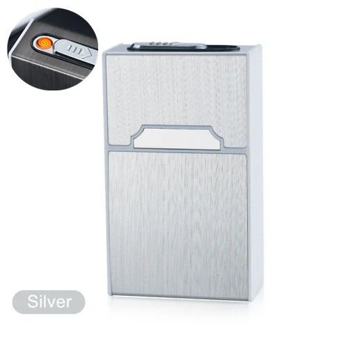 Silver Metal Cigarette Case Box with USB Lighter 20pcs Capacity Waterproof Cigarette Holder Electronic Lighter Electric Gadgets for Men - Цвет: Silver