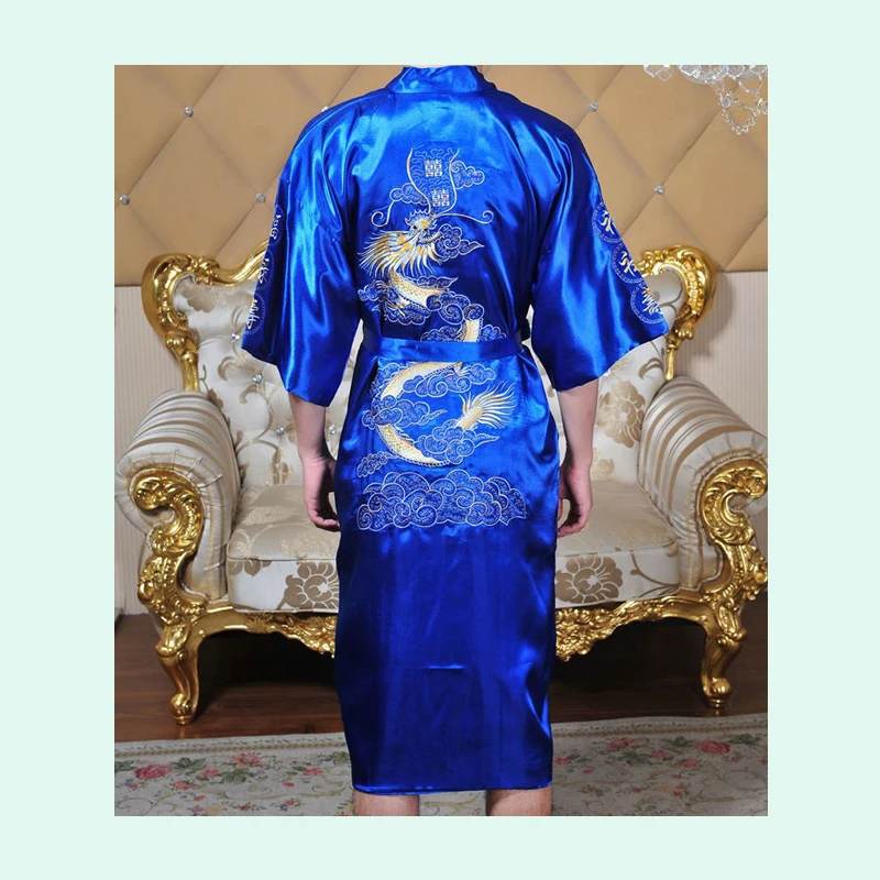 Bathrobe Men Satin Silk Robe Embroidery Dragon Kimono Sleepwear China Fashion Style Big Size Man Pyjamas