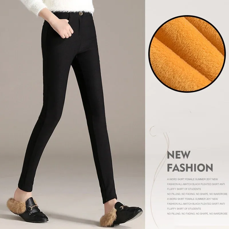 gold fleeces Зимние узкие брюки для женщин, теплые плотные флисовые черные однотонные брюки размера плюс, Осенние обтягивающие тонкие леггинсы P9111 - Цвет: gold fleeces