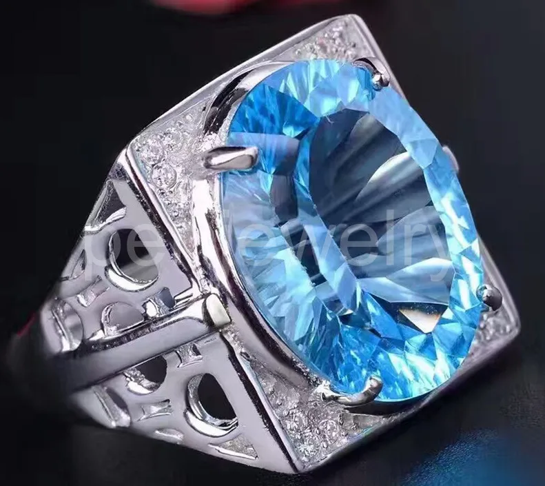 Мужское кольцо с натуральным голубым топазом 12*16 мм 14 карат|gem silver ring|gem ringsgem rings for