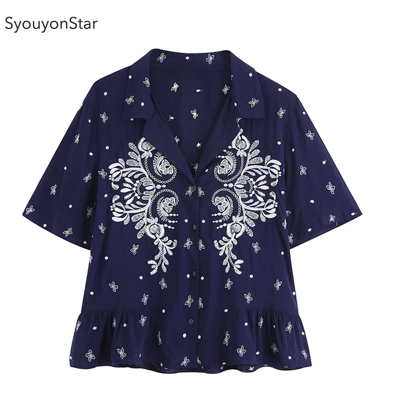 Женские повседневные синие рубашки souyonstar летние топы с вышивкой и коротким