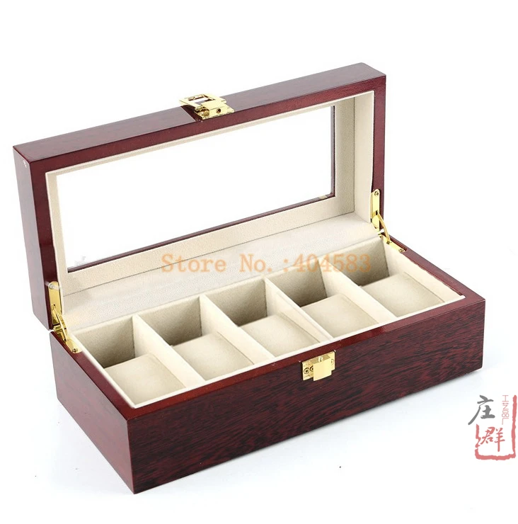 

5 slot glass top wood glossy luxury watch box with cushions