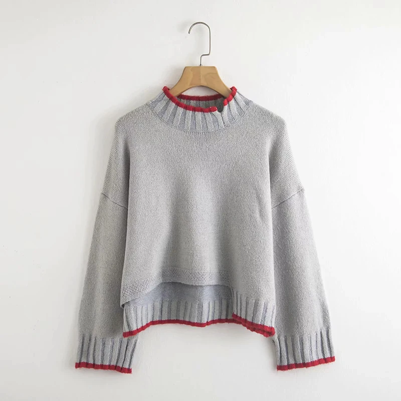Women Winter Gray Pullover Female Notched Collar Warm Autumn Sweater Irregular Design Red Edge Solid Jumper Cothes pull femme | Женская