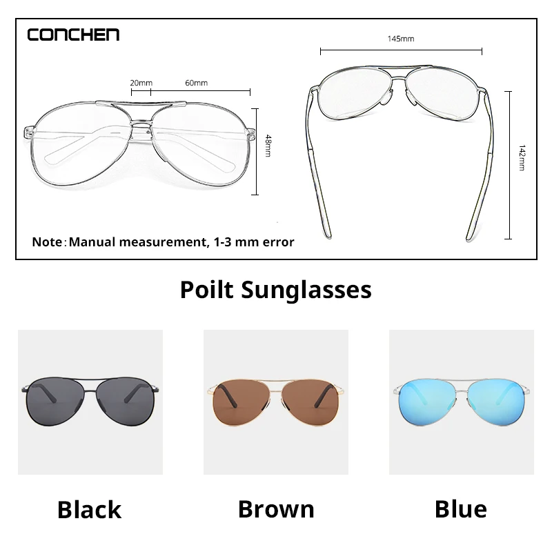 CONCHEN Pilot Polarized Sunglasses Men Women Metal Frame Spring Hinge Driving Sun Glasses Male Retro Sunglasses