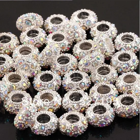 

11 мм горный хрусталь кристалл AB бусины, Rondelle прокладки, металл посеребренный кристалл большое отверстие европейский шарик подходят браслет...