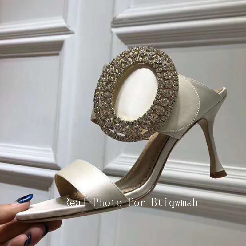 Satin Sandals Women Peep Toe Mixed Color Rhinestone Buckle High Heel Shoes Woman Sexy Party Shoes Mules Slippers