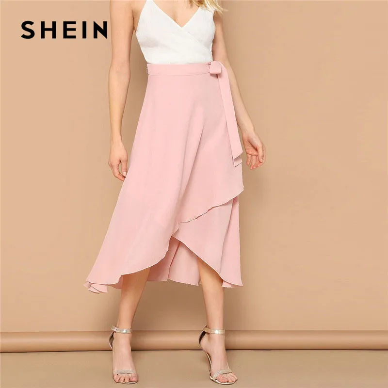 SHEIN Асимметричная Однотонная Юбка С Узлом Женская Летняя Розовая Богемная Юбка С Поясом