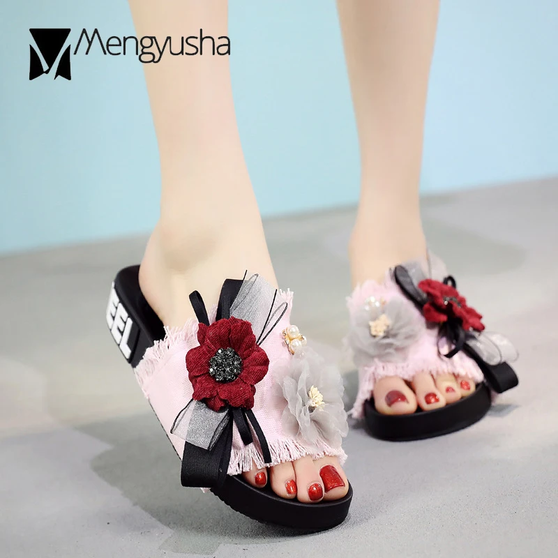 Шлепанцы женские из денима кружевные с бахромой 4 цвета | Обувь