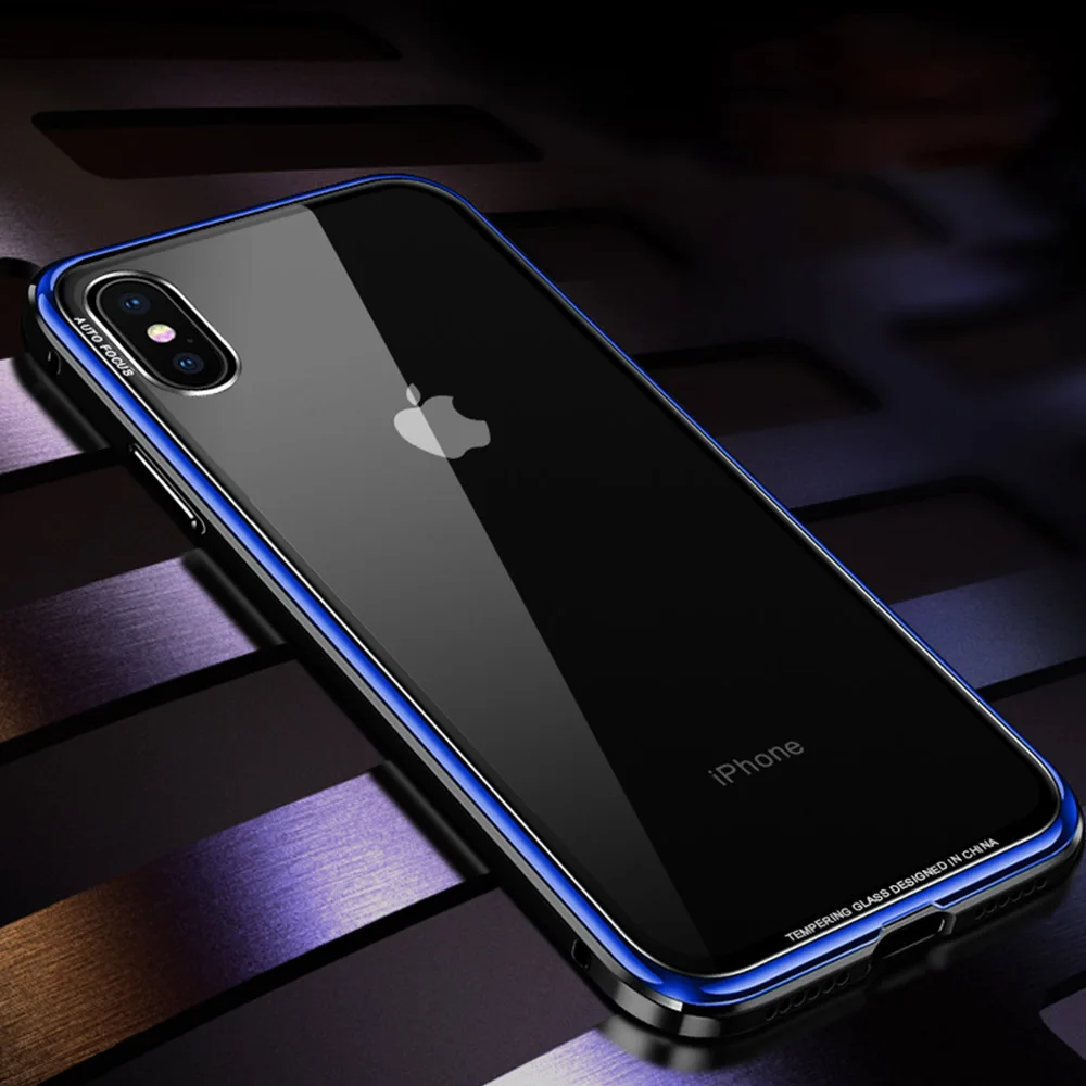 dark blue NYFundas для Apple iphone 8 7 6 6s plus X чехол из закаленного стекла противоударный алюминиевый металлический бампер чехлы для iphone XS MAX XR - Цвет: dark blue