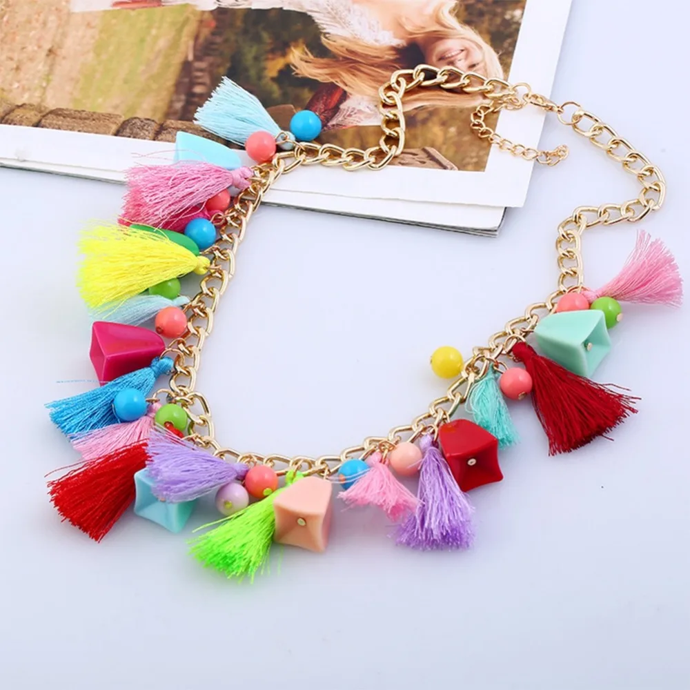 Женское длинное богемное ожерелье с цветными бусинами и кисточками | Украшения