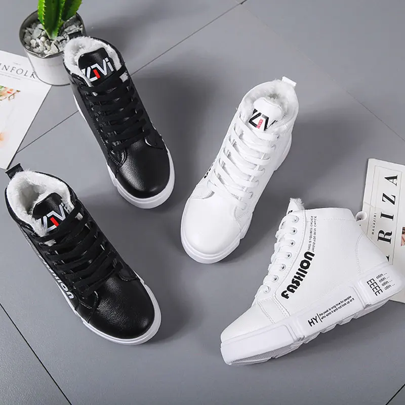 SUROM Winter Plush Warm Women Sneakers 2018 Platform Shoes Woman PU Leather Lace Up Flats Casual Tenis Feminino | Обувь