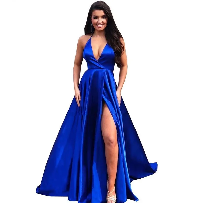 

Cinderella Sexy Side Slit Spaghetti Straps Prom Gowns V-Neck Sleeveless A-Line Silk Satin Evening Dresses Cocktail Party Dress