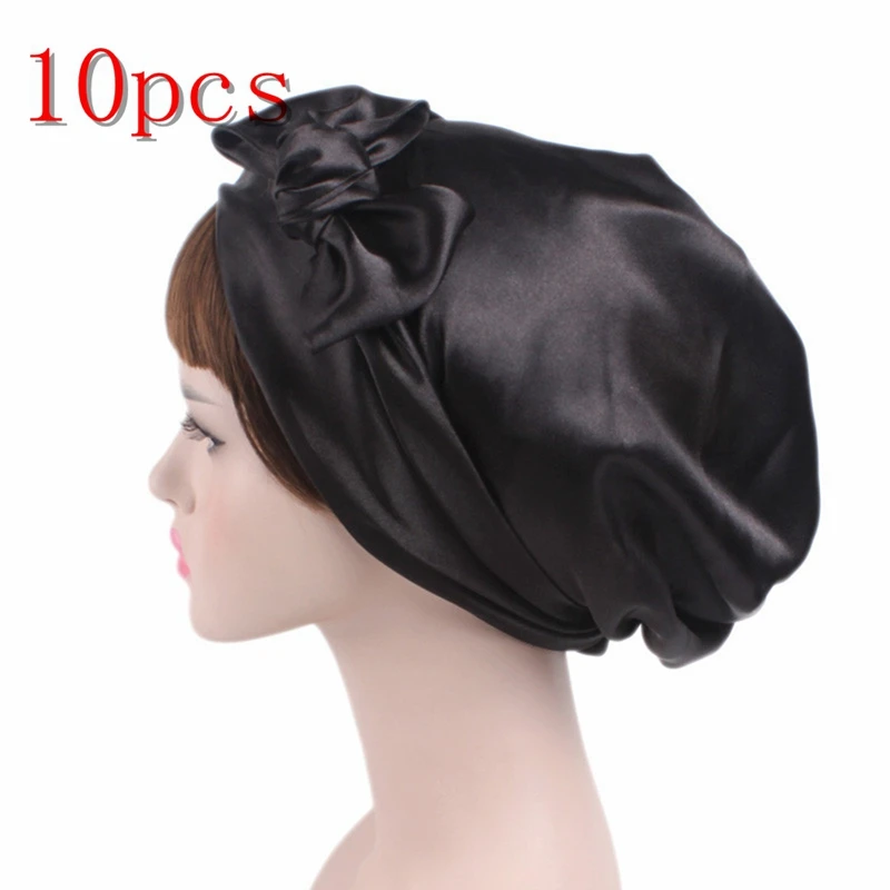 10pcs black 1/2/5/10 шт Мягкий шелк душ Кепки s ночного сна душ Кепки Регулируемый ухода за длинными волосами капота тюрбан шапка аксессуары 58 см - Цвет: 10pcs black