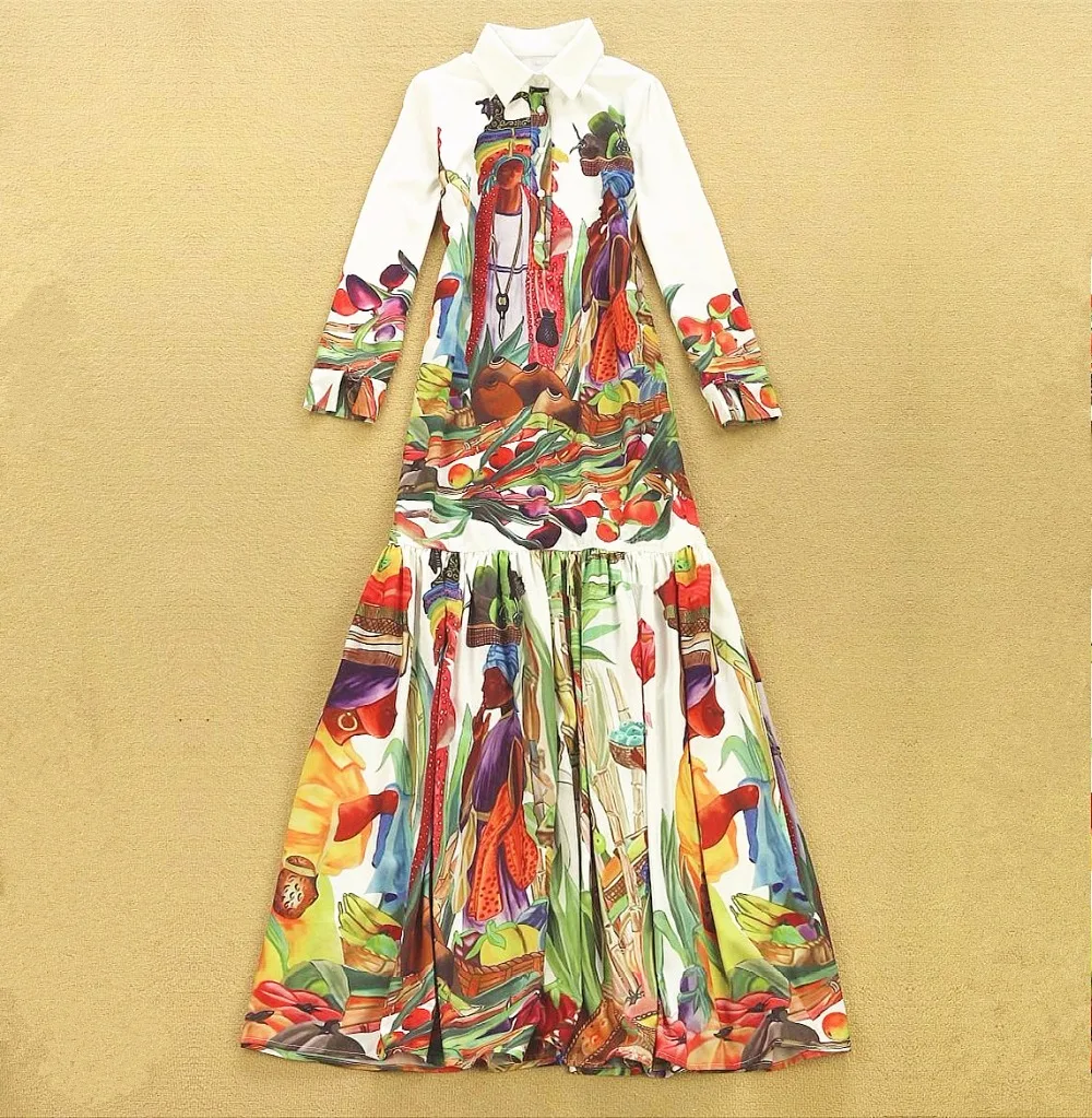 Платье женское длинное с длинным рукавом и отложным воротником фруктовым