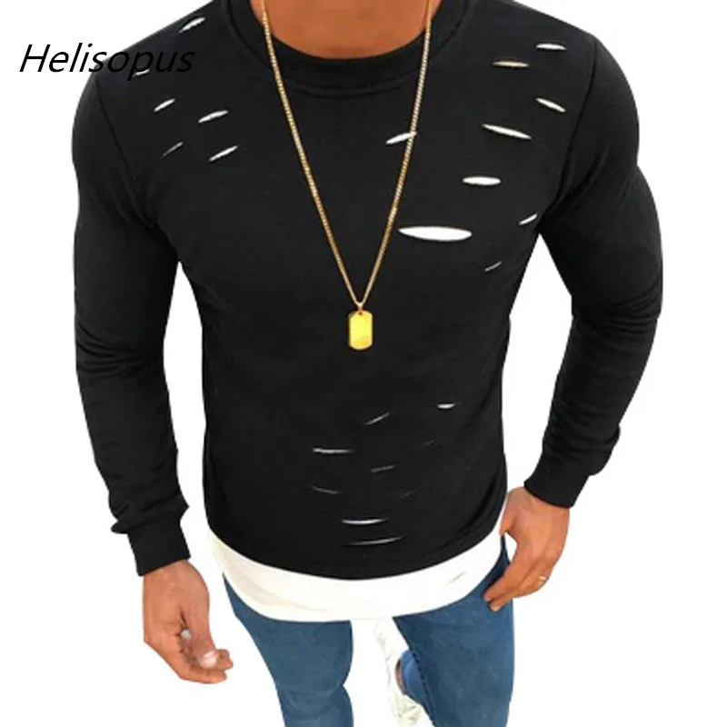 Helisopus 2019 Весна поддельные две части отверстие нерегулярные футболки для мужчин с