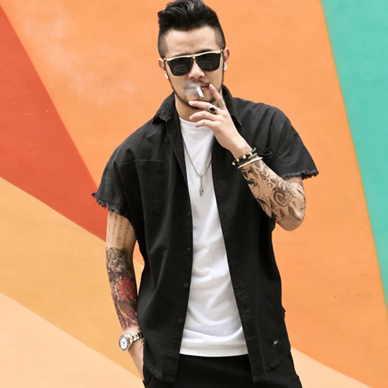 Мужская джинсовая рубашка без рукавов Повседневная ковбойская из денима модель