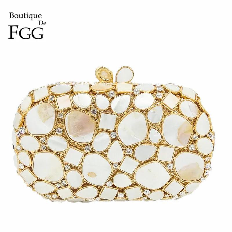 Boutique De FGG натуральный в виде ракушки для женщин роскошный кристалл вечерние сумки Свадебные Белый свадебная сумочка-клатч партии Minaudiere Сумочка Кошелек