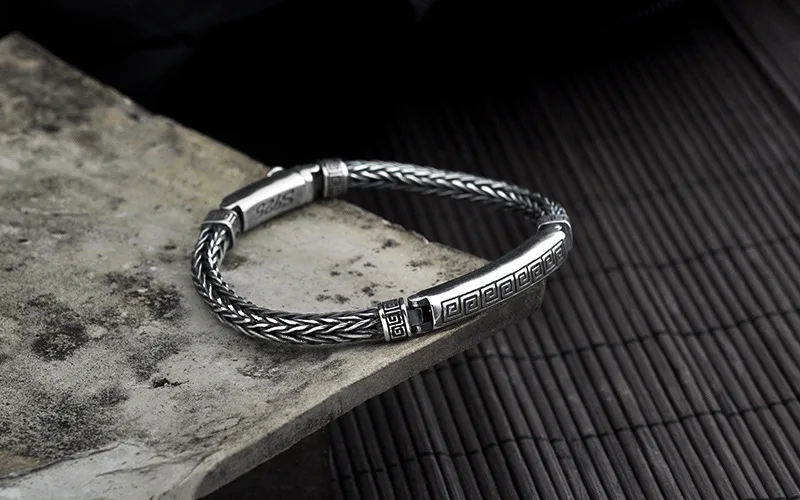 Pure 925 Sterling Silver Men Bracelets Vintage Punk Rock Hand-woven Personality Bracelets Thai Silver Fashion Jewelry Best Gifts