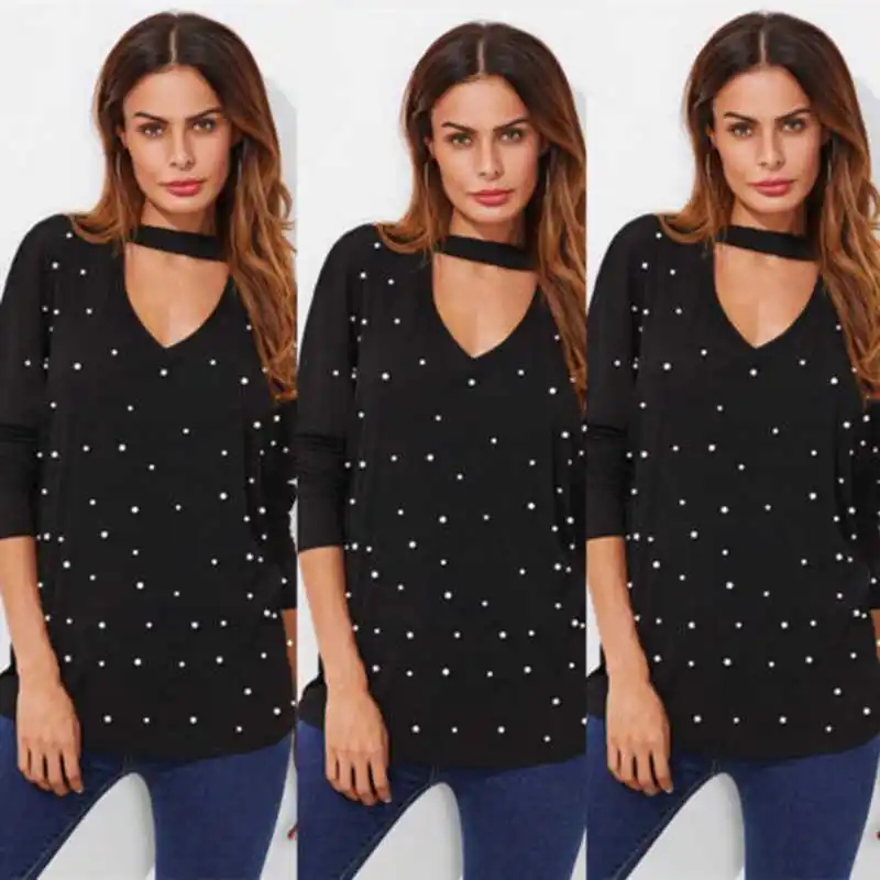 Женская блуза-чокер с v-образным вырезом и жемчугом Повседневная Блузка длинными